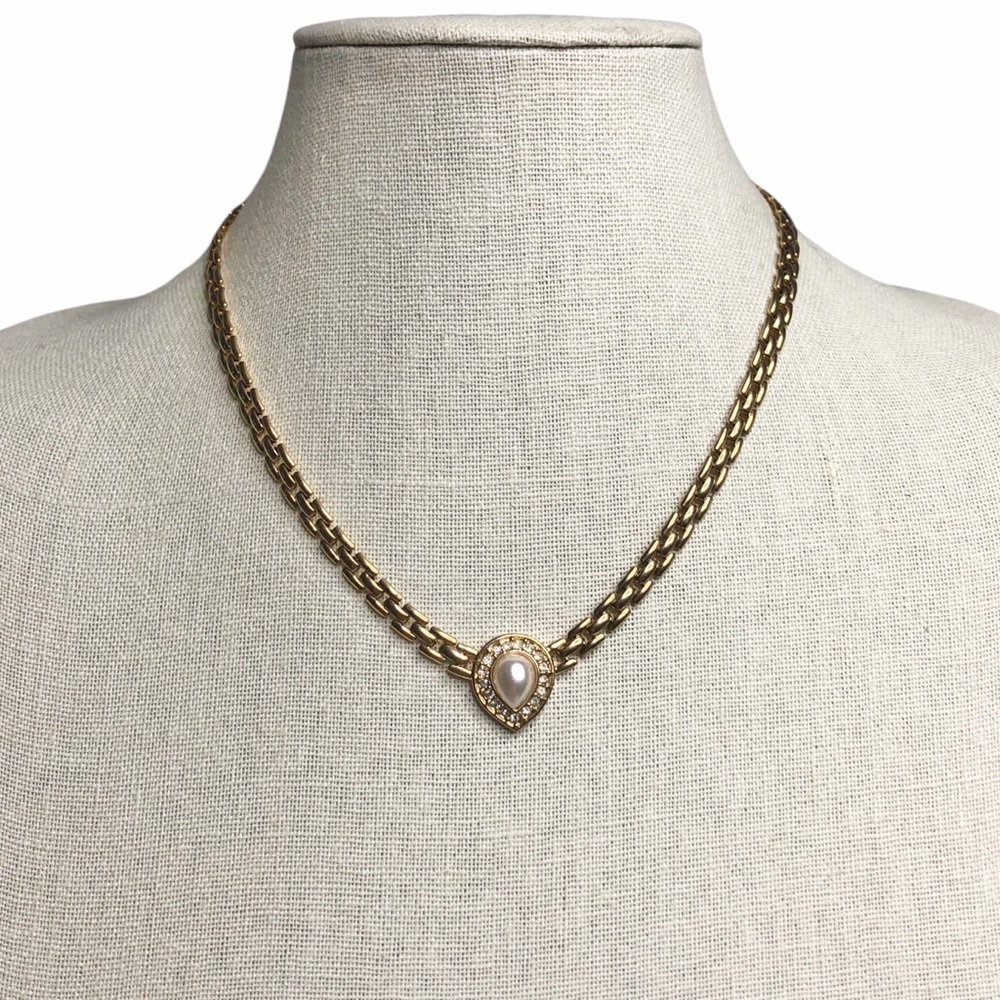 Vintage Pearl and Rhinestone Teardrop Necklace